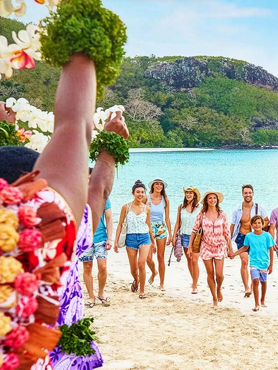 A family group walking on the beach in Fiji