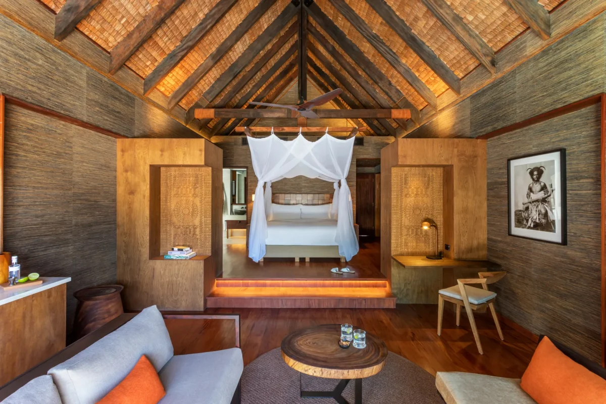 Natural timber interior of a Six Senses Fiji hideaway pool villa