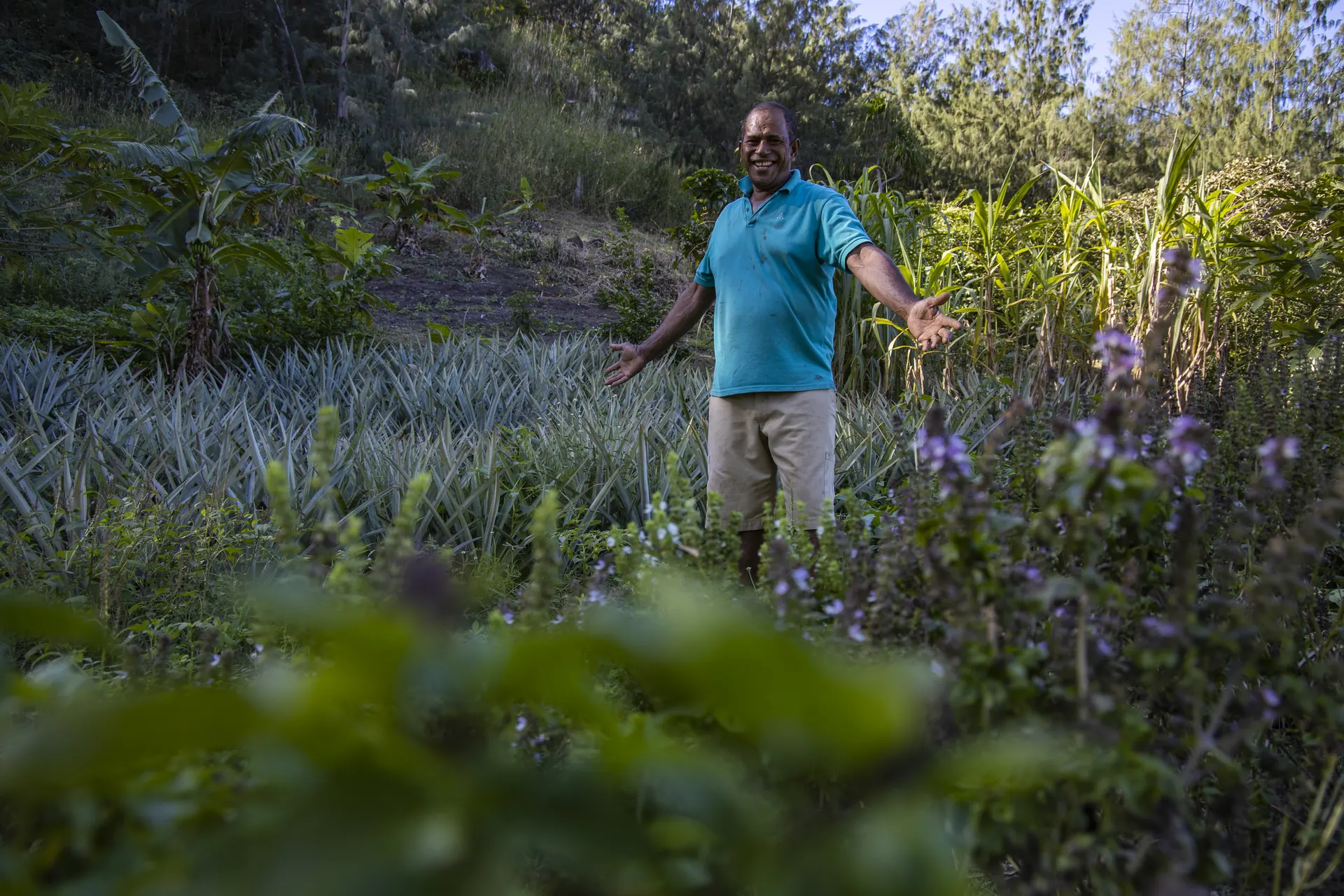 Host in the organic garden at Six Senses Fiji