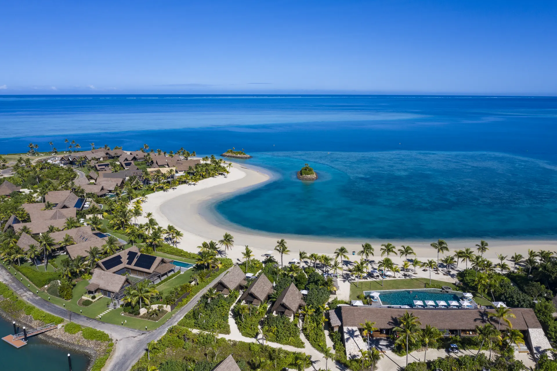 Aerial view of Six Senses Fiji resort and beach on Malolo Island